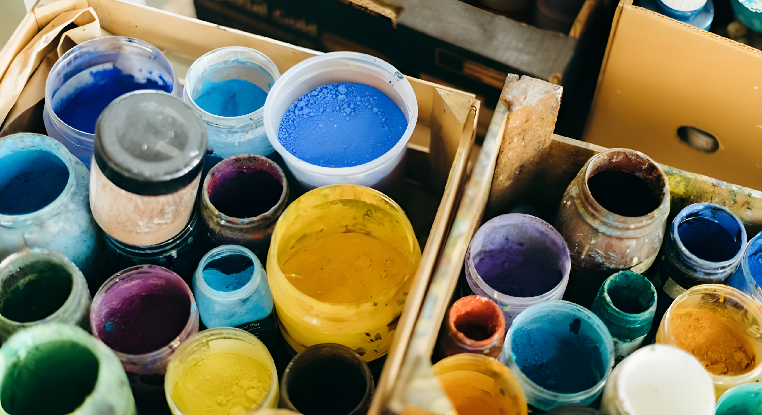 Farbenfrohe Pigmente in Gläsern und Dosen, wie sie vom Künstler Manfred Leirer für seine Enkaustik-Maltechnik verwendet werden – Basis seiner expressiven Werke
