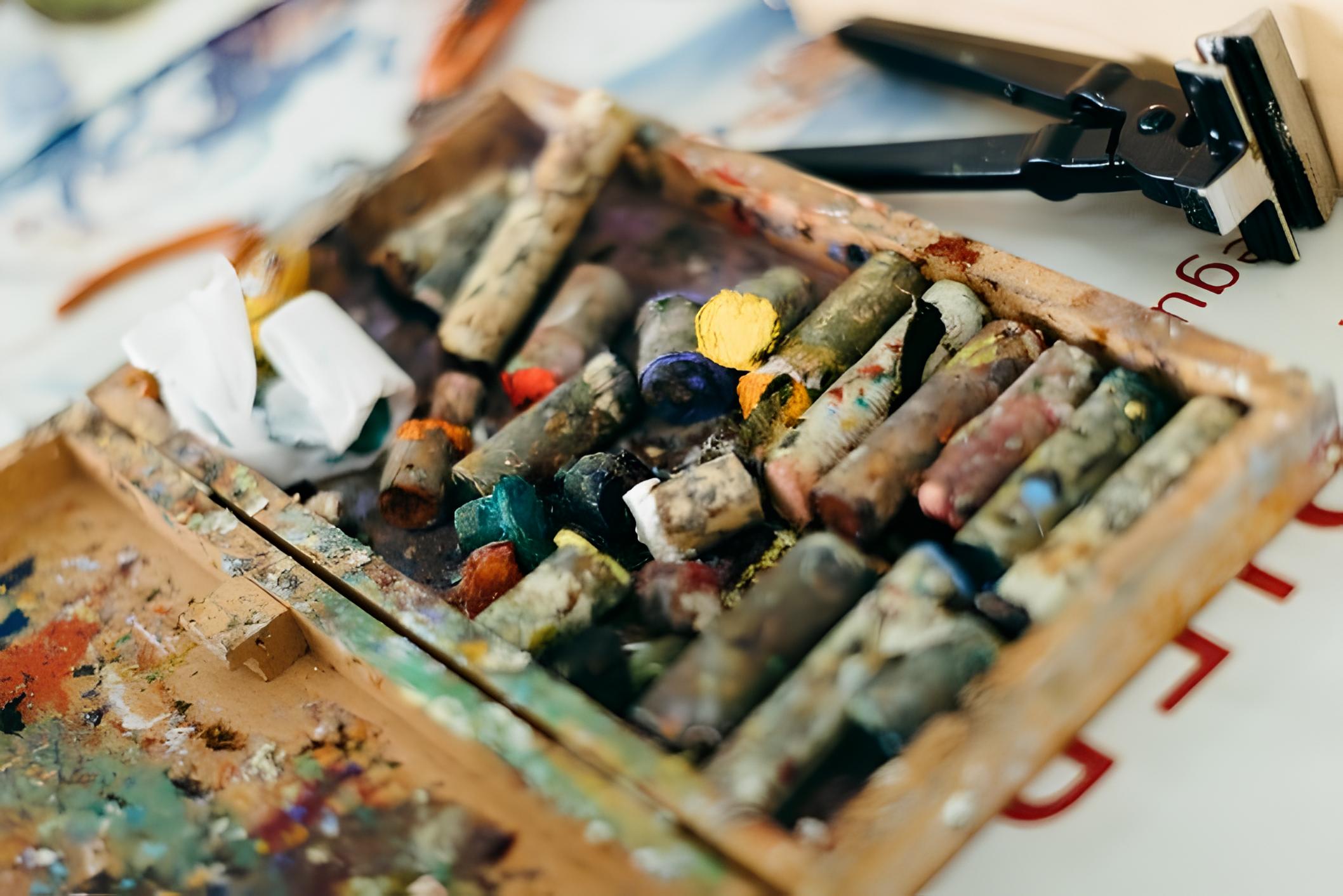 Nahaufnahme einer offenen Farbbox mit bunten Enkaustik-Wachsstiften und Malwerkzeug – Arbeitsmaterialien des Künstlers Manfred Leirer