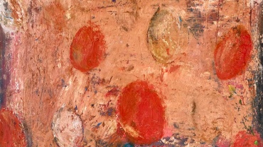 Ausdrucksstarkes Enkaustik-Gemälde von Manfred Leirer aus dem Jahr 2011 mit einem Huhn im Vordergrund vor abstrakter roter Punktstruktur, typisch für seine symbolhaften Tiermotive