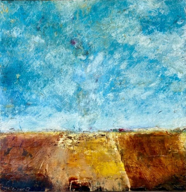 Enkaustik-Gemälde von Manfred Leirer aus dem Jahr 2023, abstrakte Interpretation einer typischen Ackerlandschaft des Burgenlands mit betontem Himmel