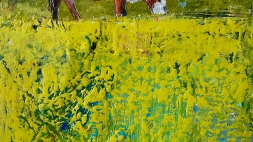 Enkaustik-Gemälde von Manfred Leirer aus dem Jahr 2023 mit einer grasenden Kuh, typisch für seine Tiermotive mit emotionalem Ausdruck und Bezug zur burgenländischen Landschaft