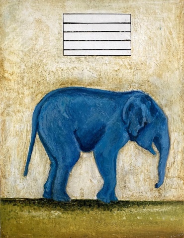 Gemälde von Manfred Leirer mit einem blauen Elefanten in Enkaustik-Technik, symbolträchtige Tierdarstellung mit anthropomorphen Zügen